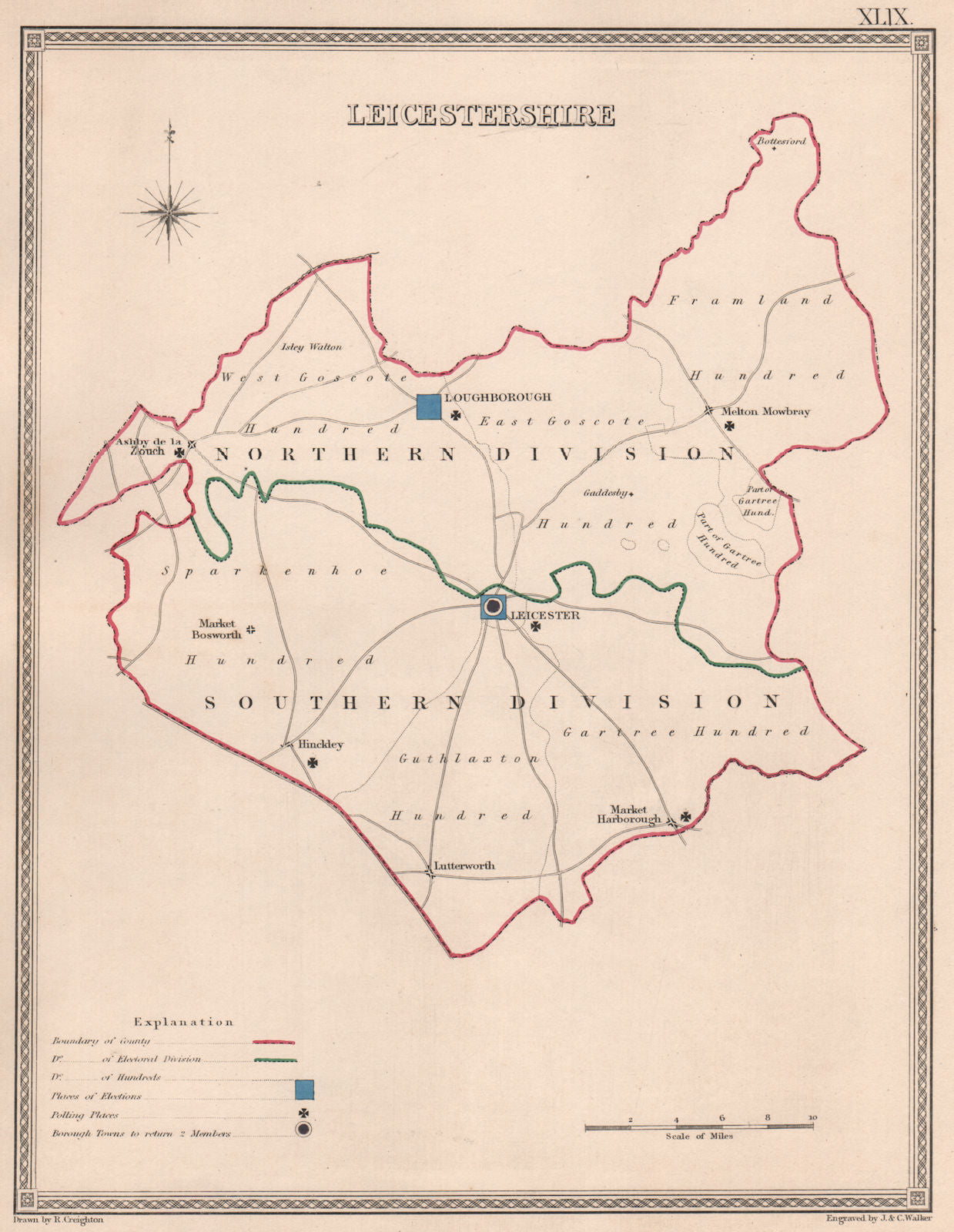 LEICESTERSHIRE antique county map by CREIGHTON/WALKER. Electoral 1835 old
